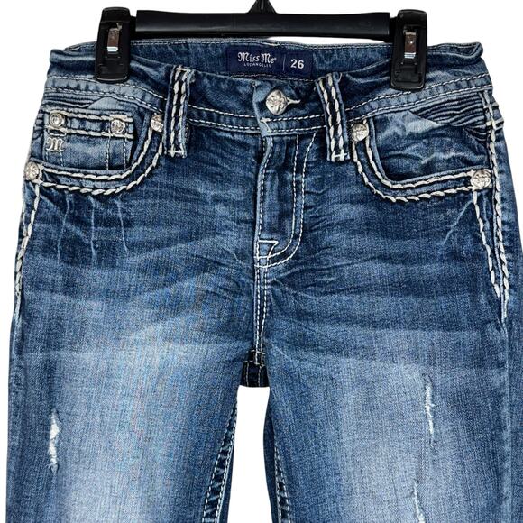 Miss Me SZ 26 Mid-Rise Boot Jeans Distressed Whiskered Stretch Zip-Fly Pockets - Picture 2 of 12